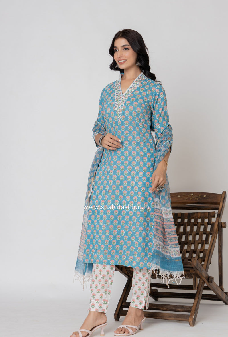 Shop block print cotton suits with kota dupatta online (CSS364)