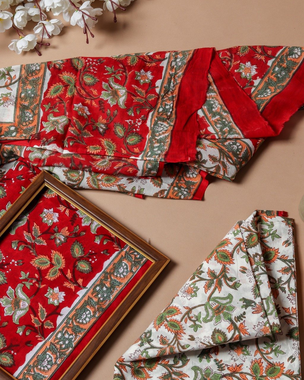 Shop Unstitched Hand Block Print Pure Cotton Suits with Mulmul Dupatta (TPRMUL113)