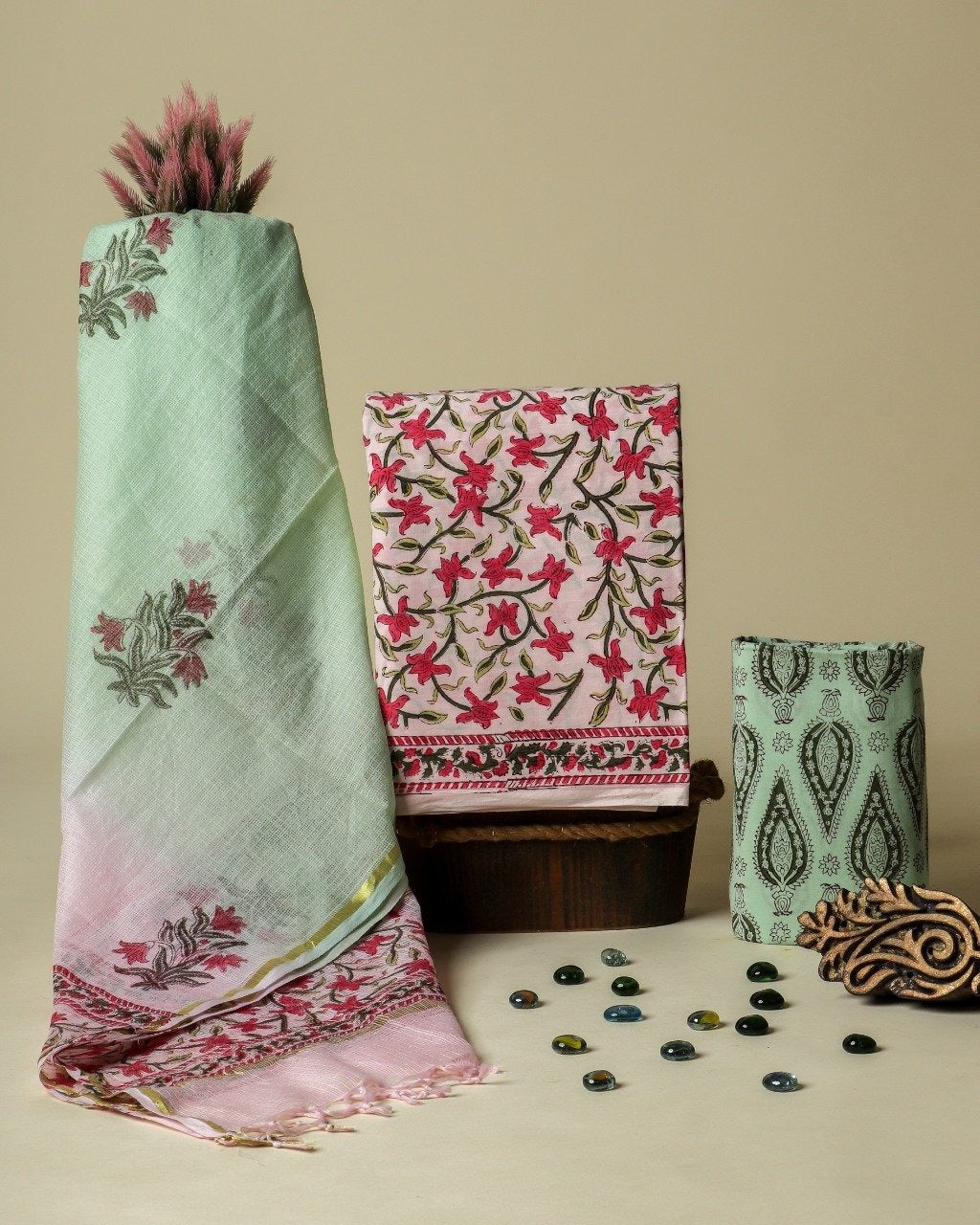 shop hand block print cotton suit with kota doria dupatta online