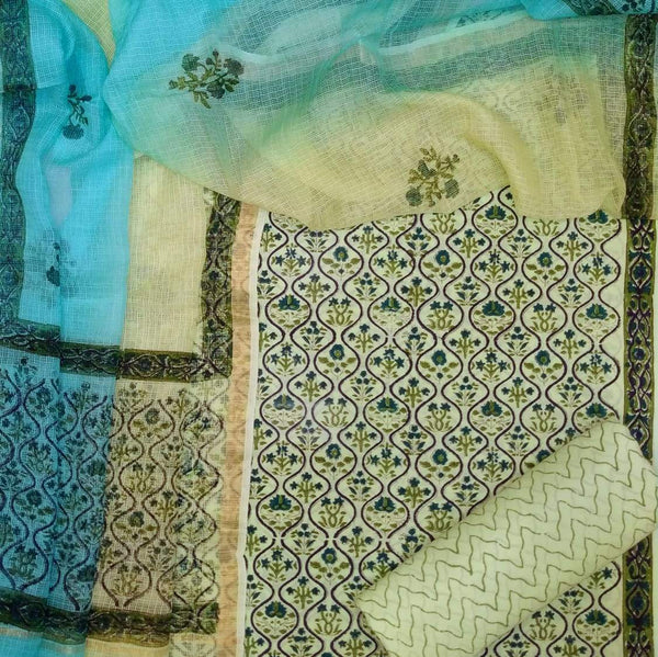 Hand Block Printind Pure Cotton Suit with Kota Doria Dupatta (3CKD145) - ShalviFashion