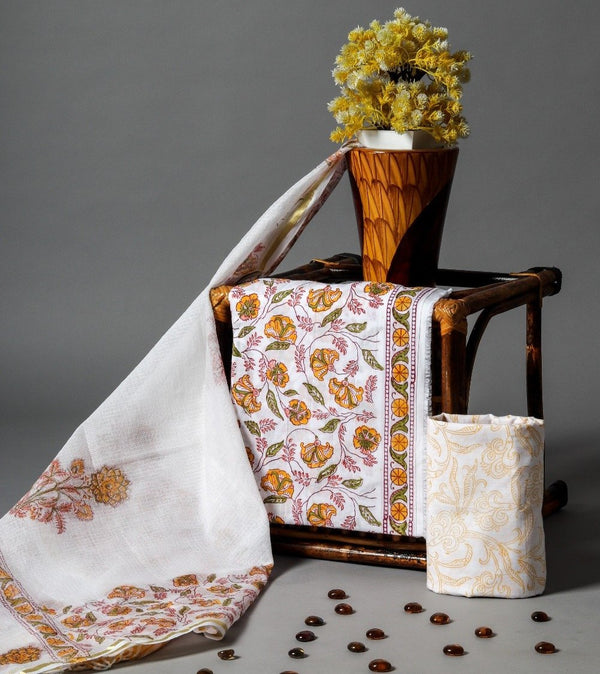 Designer Hand Block Print Pure Cotton Suit with Kota Doria Dupatta (3CKD167) - ShalviFashion