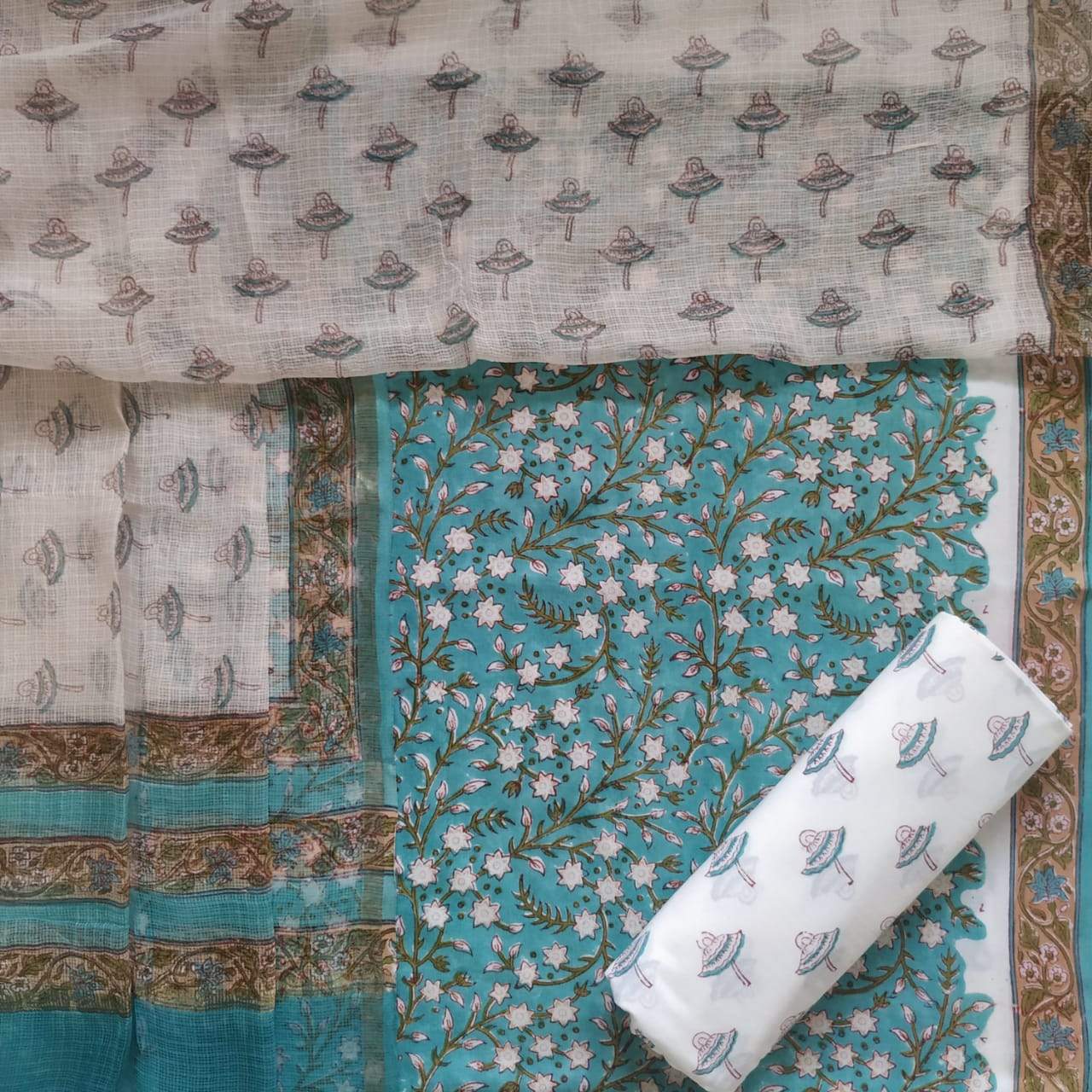 Shop Unstitched Pure Cotton Suit Material with Kota Doria Dupatta (3CKD216)