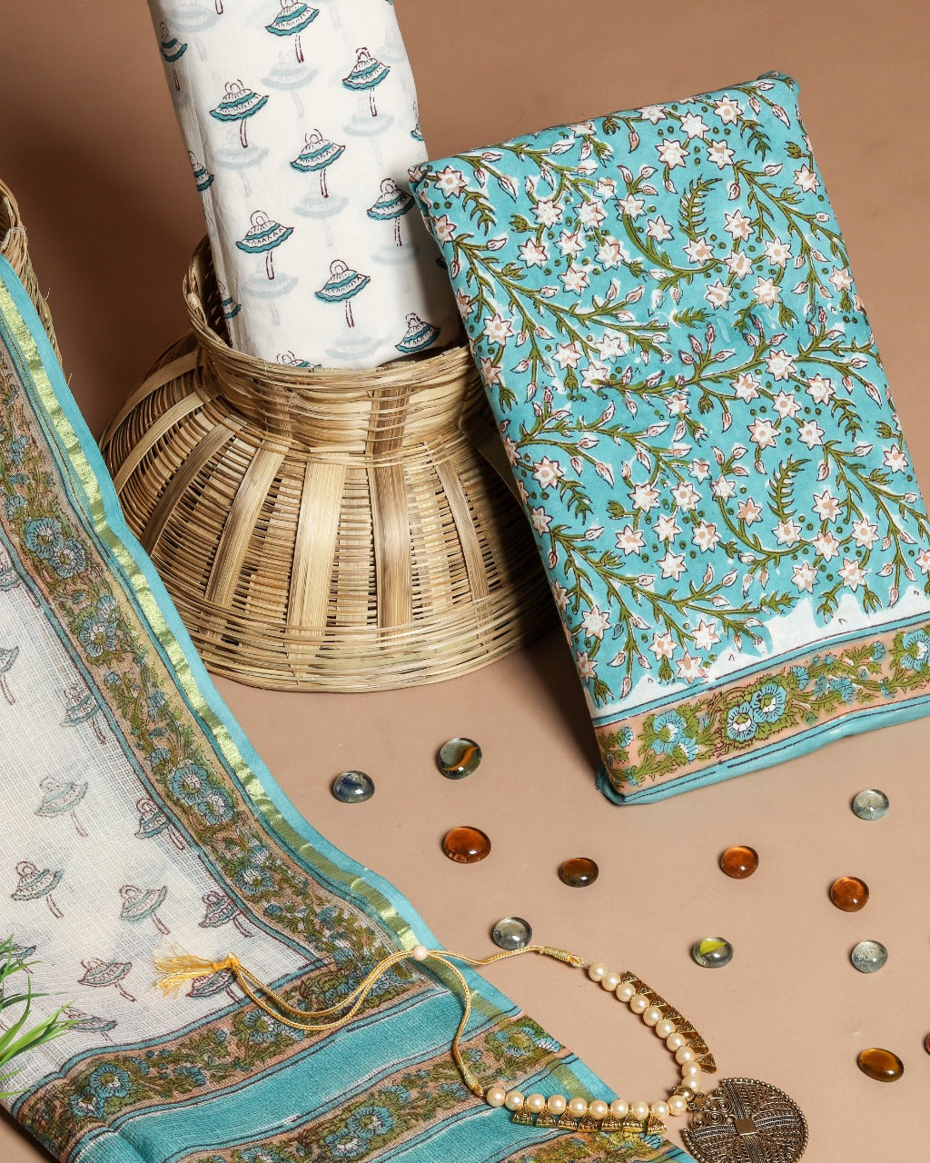 Shop Unstitched Pure Cotton Suit Material with Kota Doria Dupatta (3CKD216)