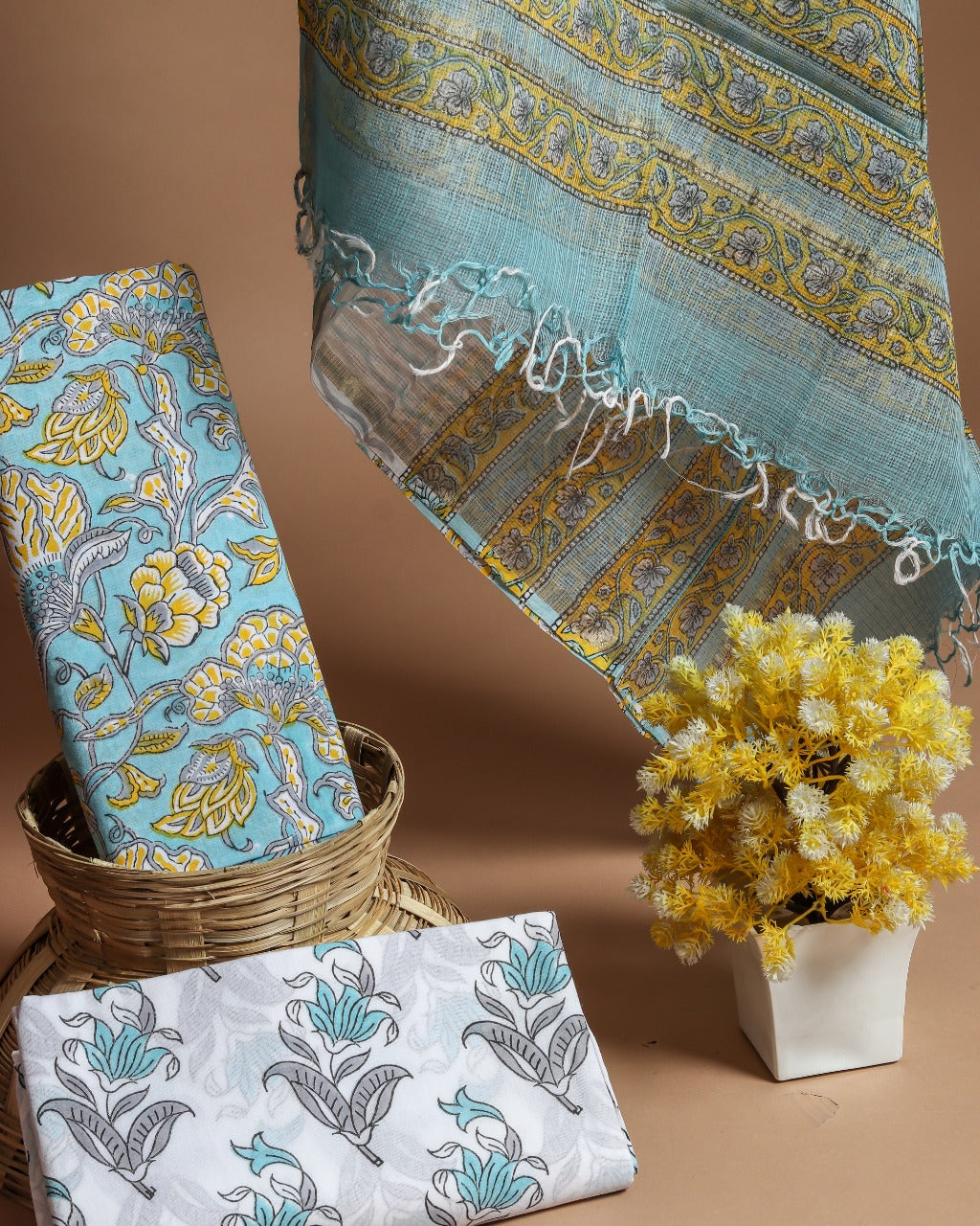 Shop Unstitched Pure Cotton Suit Material with Kota Doria Dupatta (3CKD217)