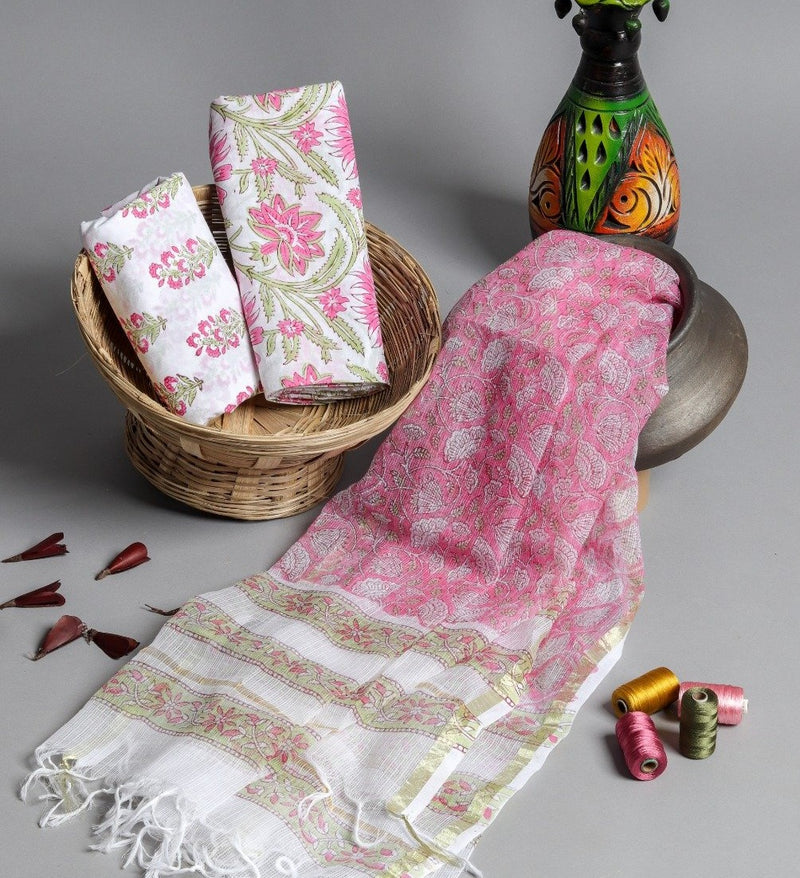 Designer Hand Block Print Cotton Suit Material with Kota Doria Dupatta (3CKD242)