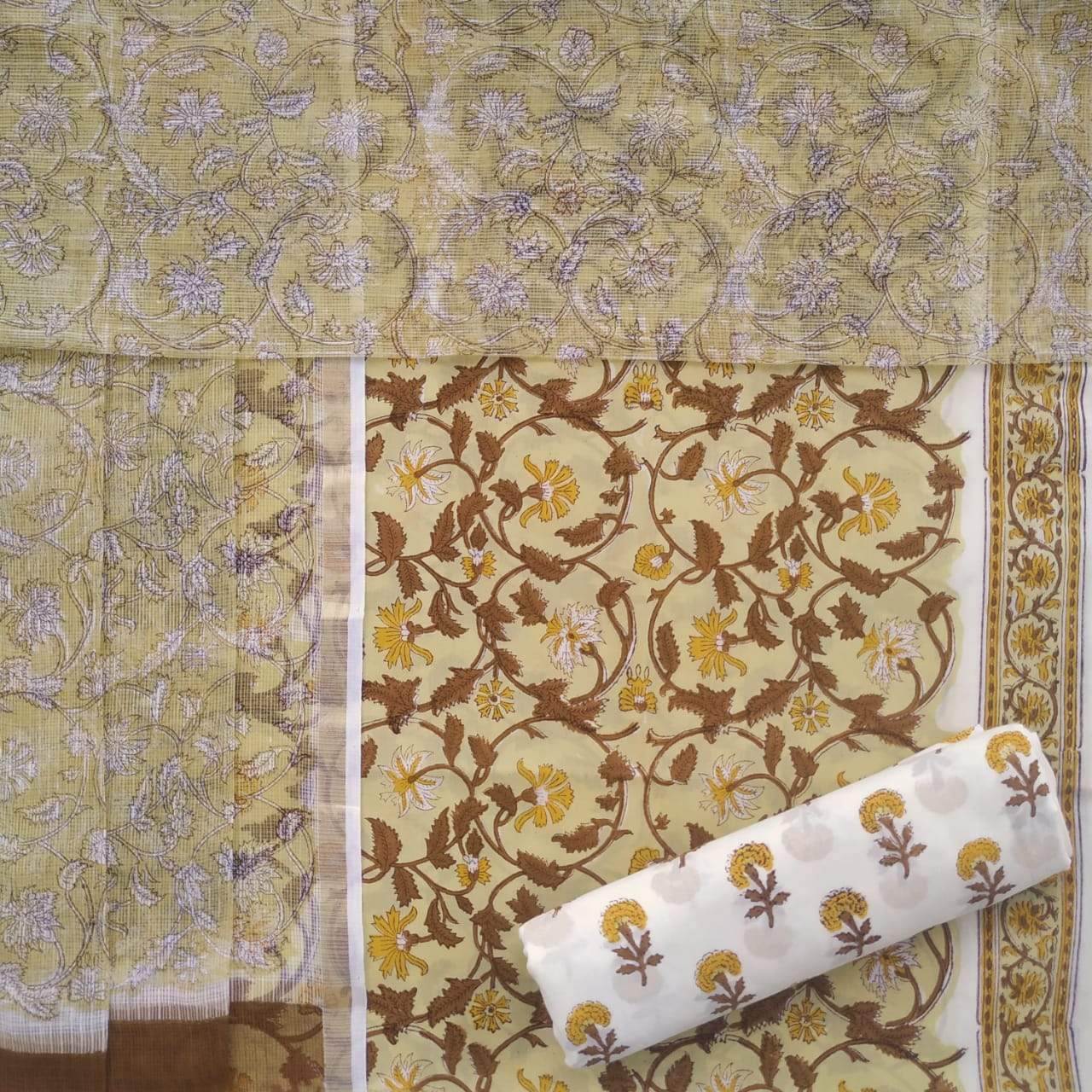 Exclusive Hand Block Floral Jaal Printed Pure Cotton Suit with Kota Doria Dupatta (3CKD260)