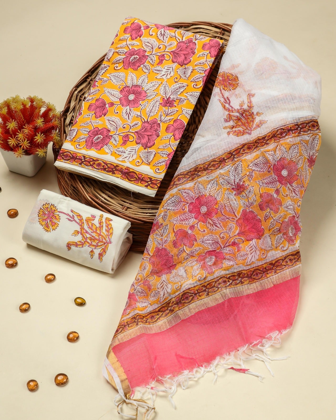 Shop Unstitched Pure Cotton Suit Material with Kota Doria Dupatta (3CKD281)
