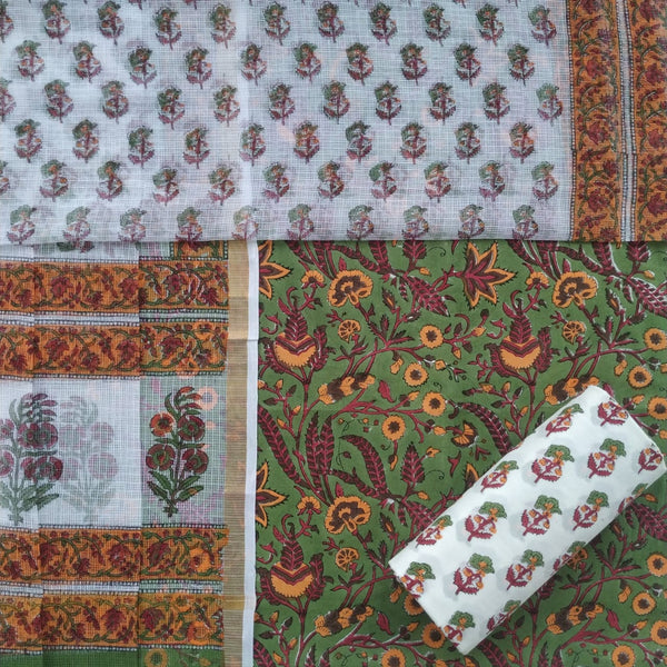 Shop Hand Block Print Pure Cotton Suit Material with Kota Doria Dupatta (3CKD310)