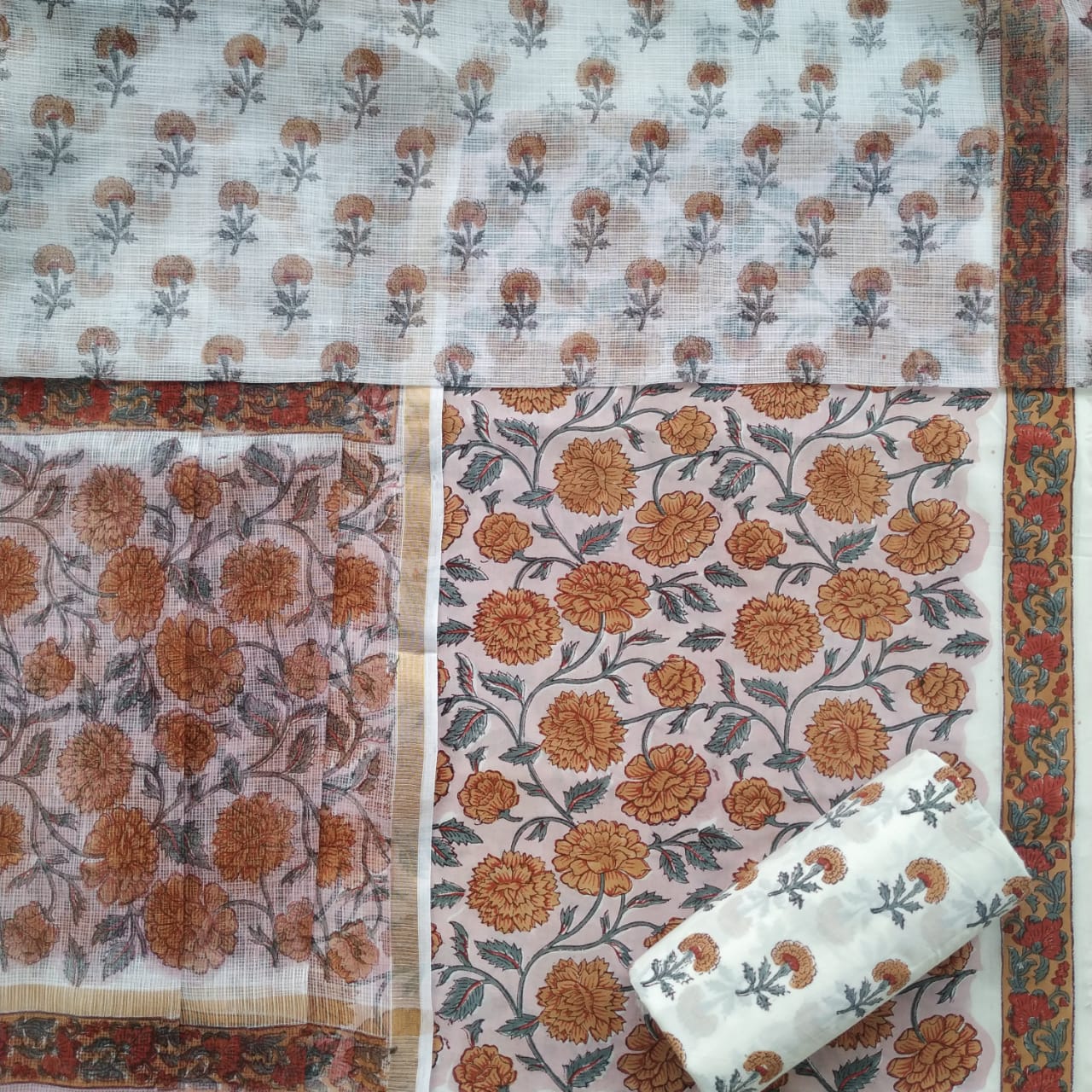 Shop Unstitched Pure Cotton Suit Material with Kota Doria Dupatta (3CKD317)
