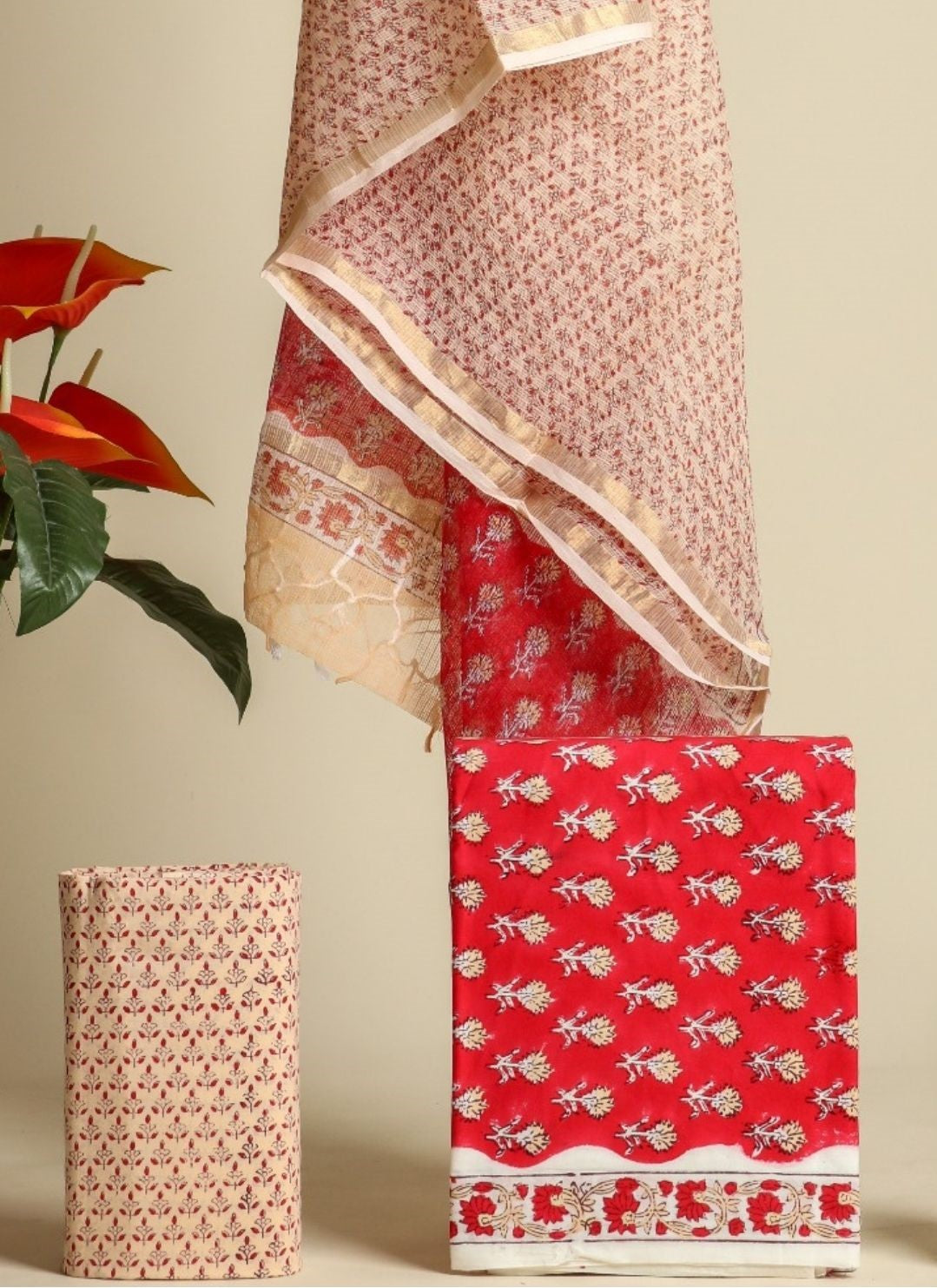 Shop Unstitched Hand Block Print Pure Cotton Suit Material with Kota Doria Dupatta (3CKD338)