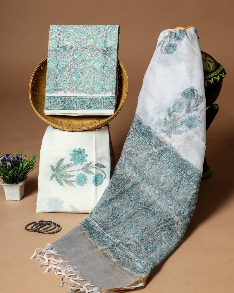 Shop Unstitched Hand Block Print Pure Cotton Suit Material with Kota Doria Dupatta (3CKD342)