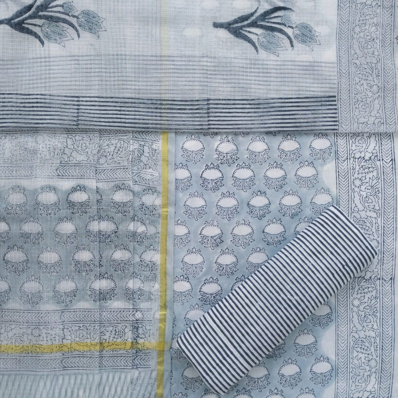 Shop Hand Block Print Pure Cotton Suit Material with Kota Doria Dupatta (3CKD366)