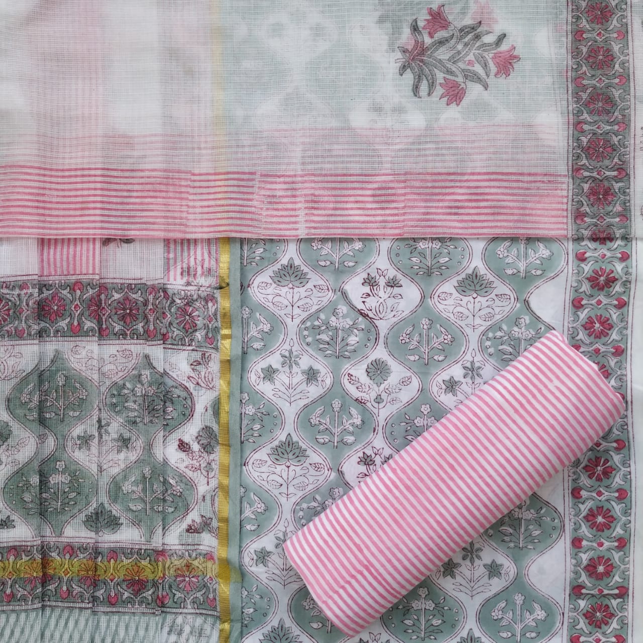 Shop Unstitched Hand Block Print Pure Cotton Suit Material with Kota Doria Dupatta (3CKD372)