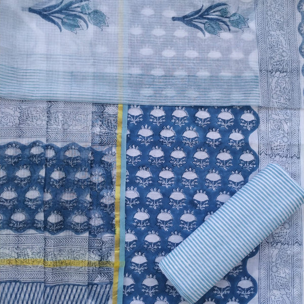 Shop Unstitched Hand Block Print Pure Cotton Suit Material with Kota Doria Dupatta (3CKD385