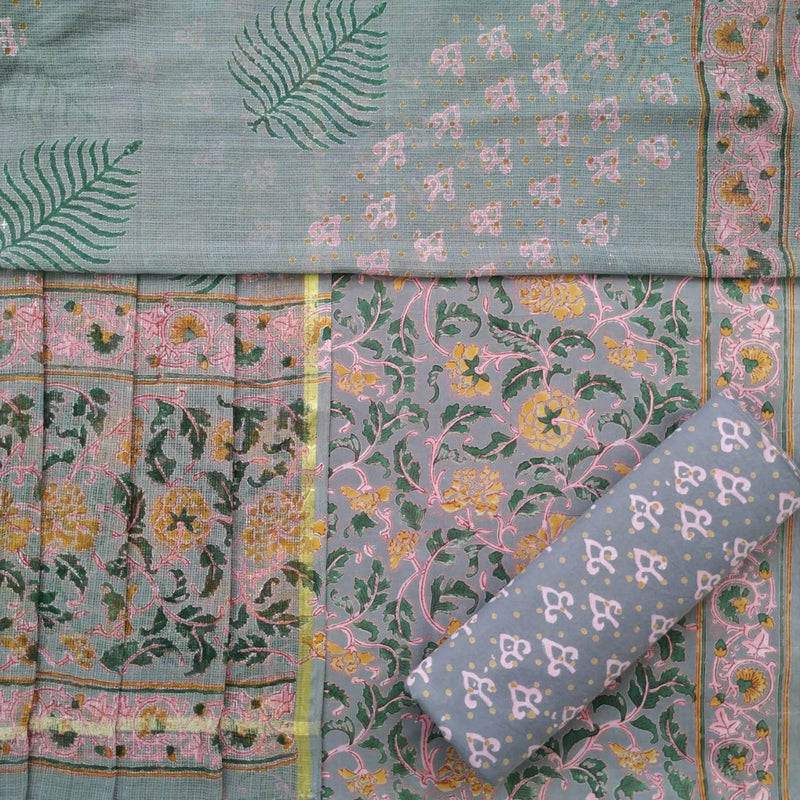 Shop Hand Block Print Pure Cotton Suit Material with Kota Doria Dupatta (3CKD405)