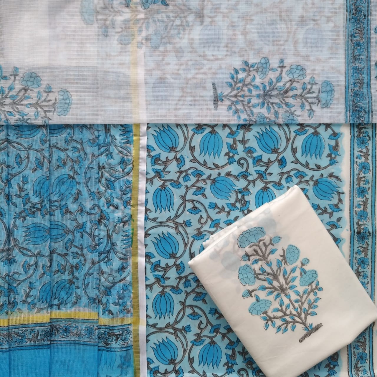 shop hand block print cotton suit with kota doria dupatta