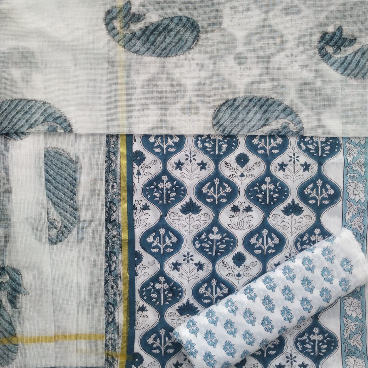 shop hand block print cotton suit with kota doria dupatta online