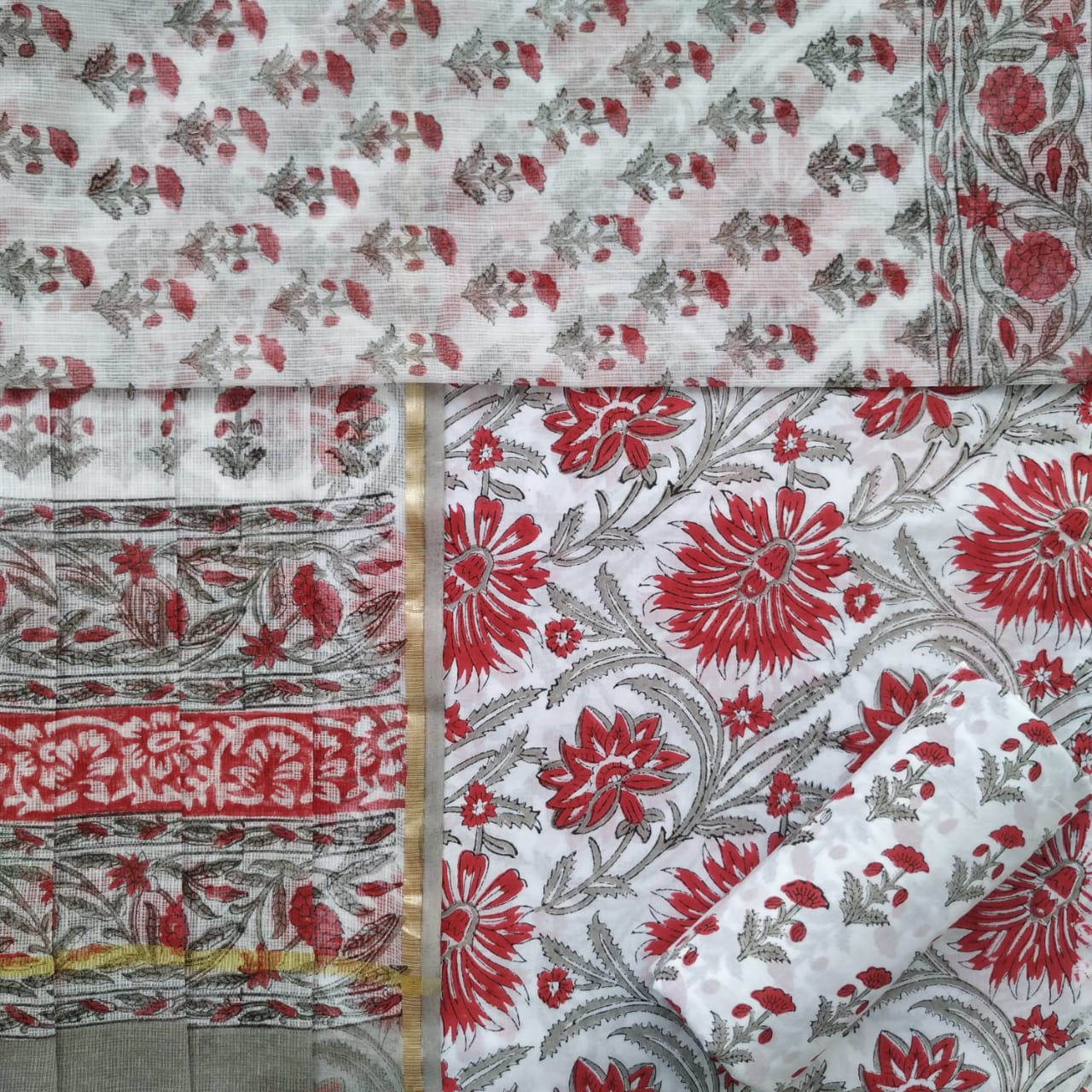 shop unstitched hand block print cotton suit with kota doria dupatta