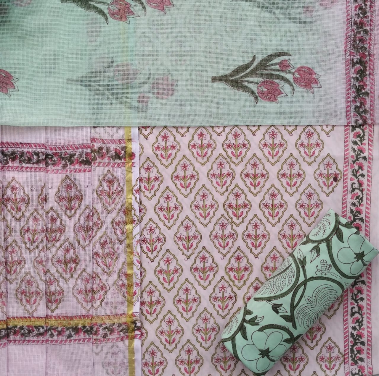 shop hand block print cotton suit with kota doria dupatta online
