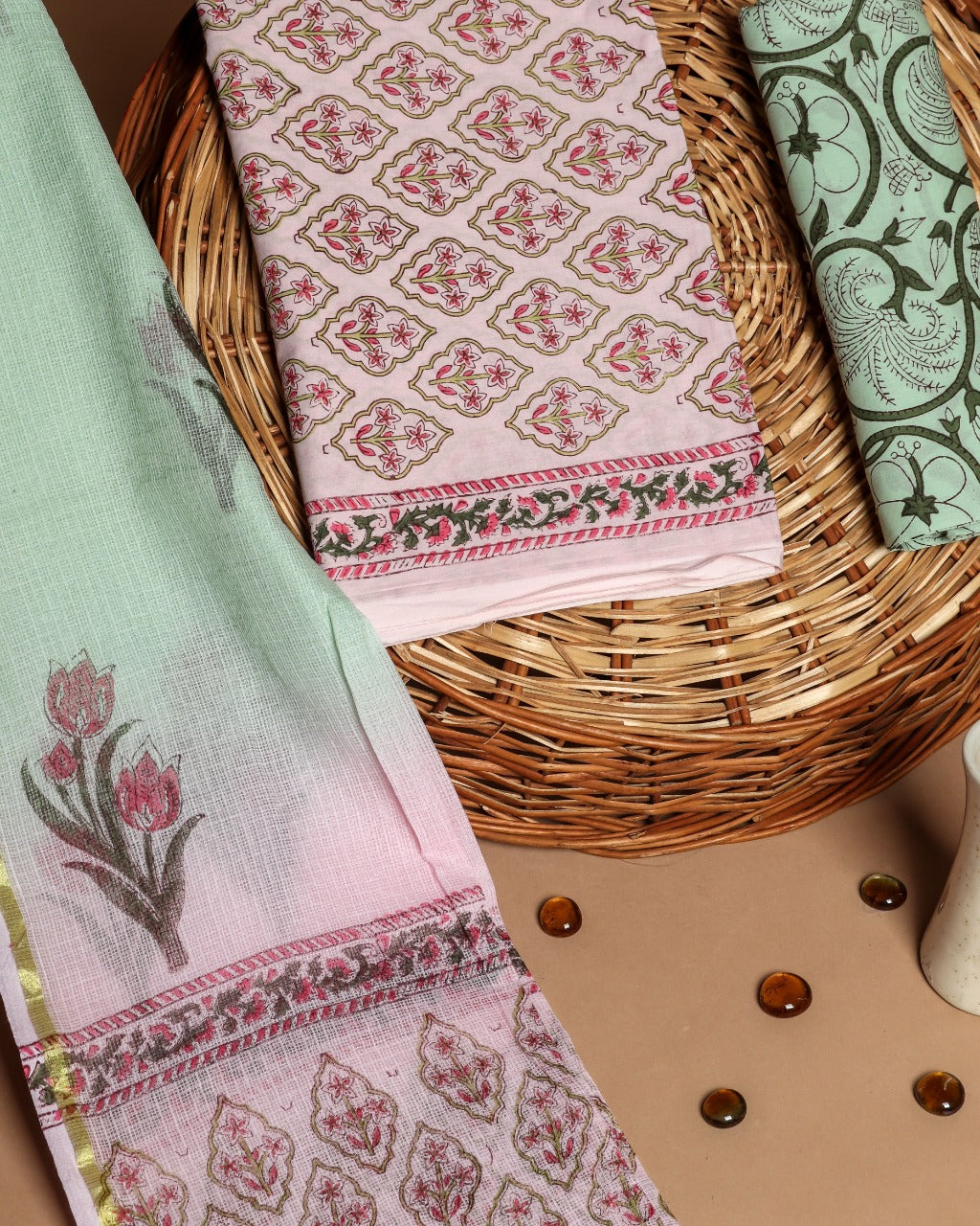 shop hand block print cotton suit with kota doria dupatta online