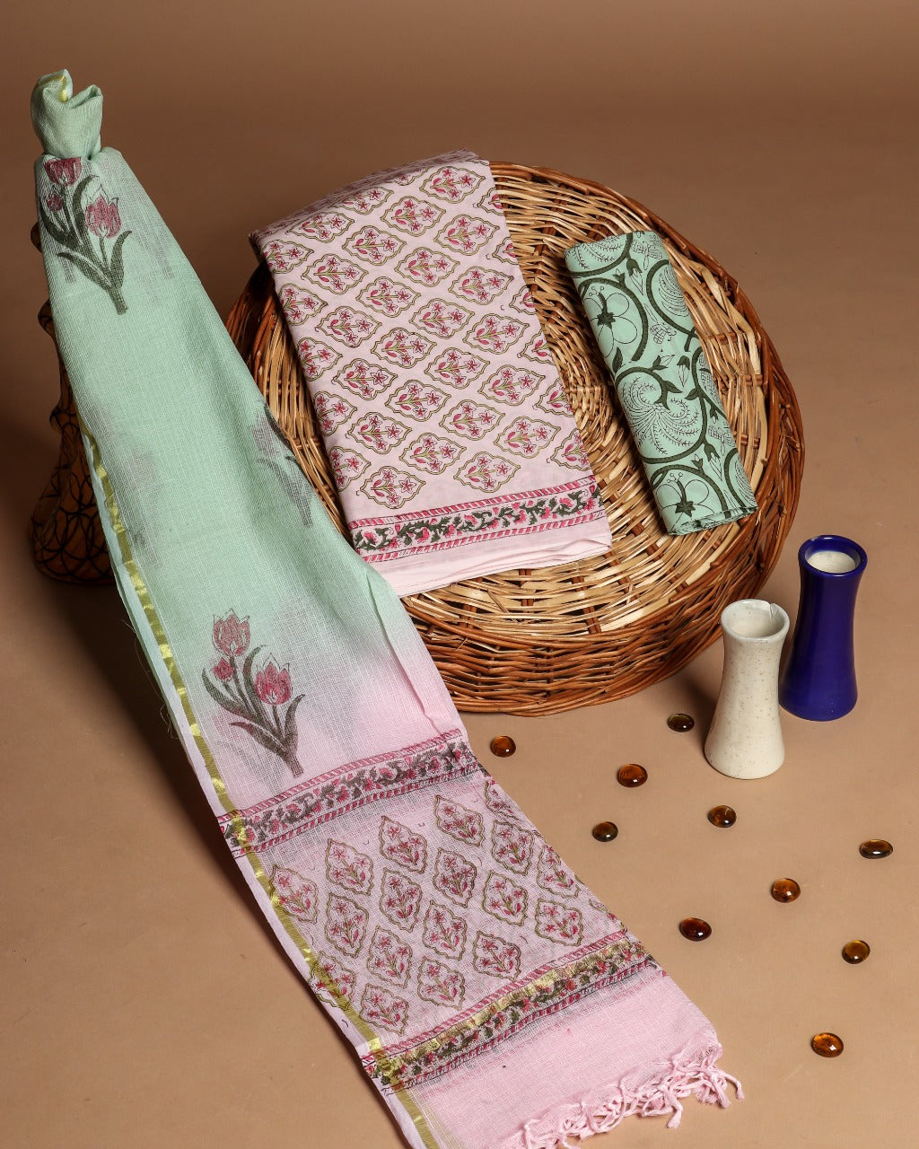 shop hand block print cotton suit with kota doria dupatta online