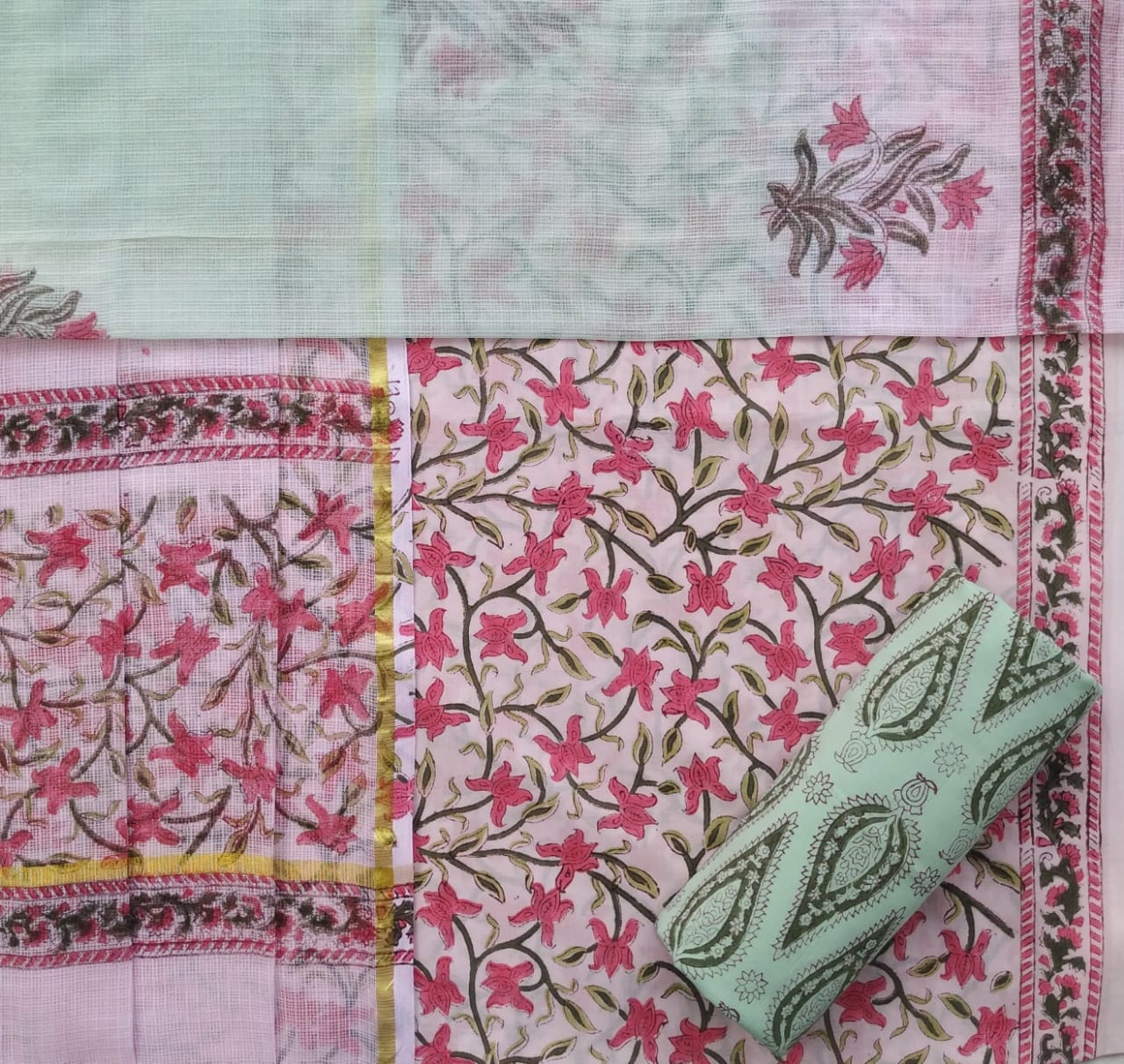 shop hand block print cotton suit with kota doria dupatta online