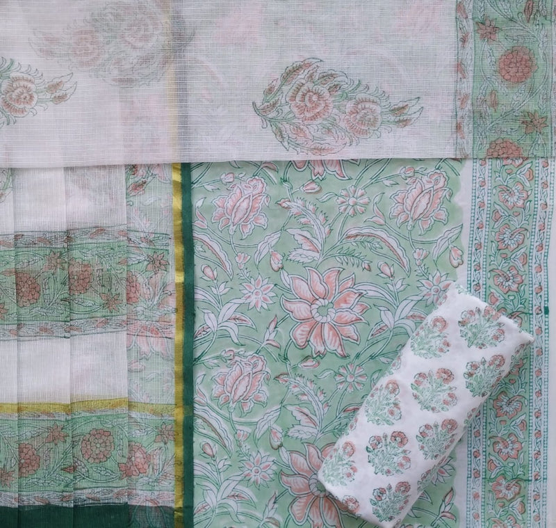 Shop hand block print cotton dress material with kota doria dupatta (3CKD506)