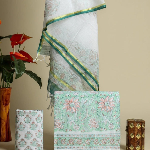 Shop hand block print cotton dress material with kota doria dupatta (3CKD506)