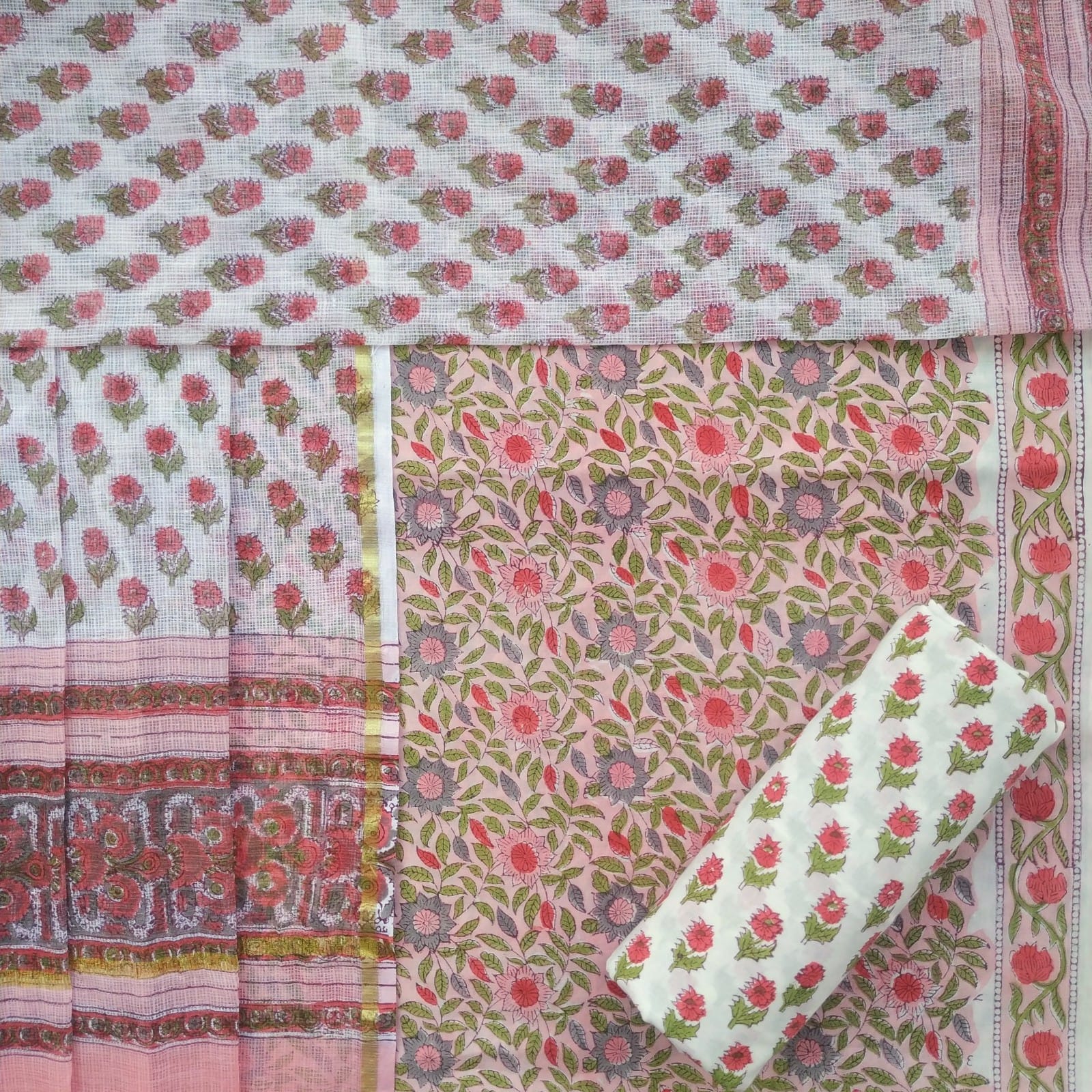 Shop jaiupuri print cotton suit sets with doria dupatta (3CKD553)