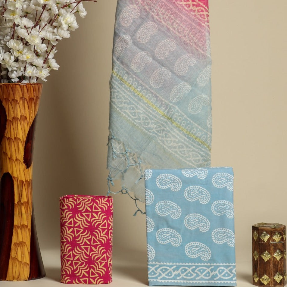 Shop jaipuri print cotton suit sets with doria dupatta (3CKD566)