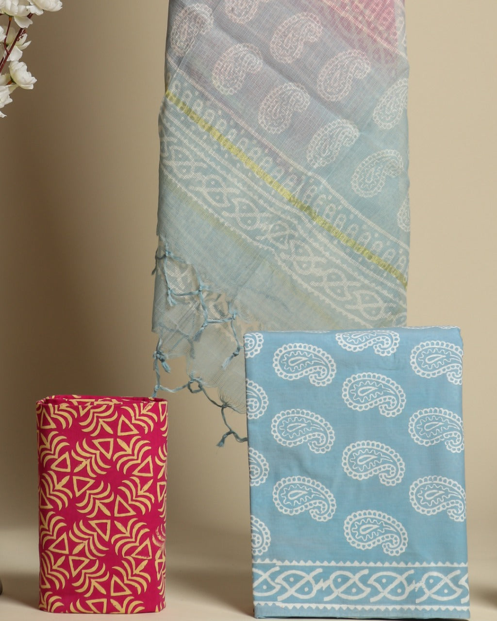 Shop jaipuri print cotton suit sets with doria dupatta (3CKD566)