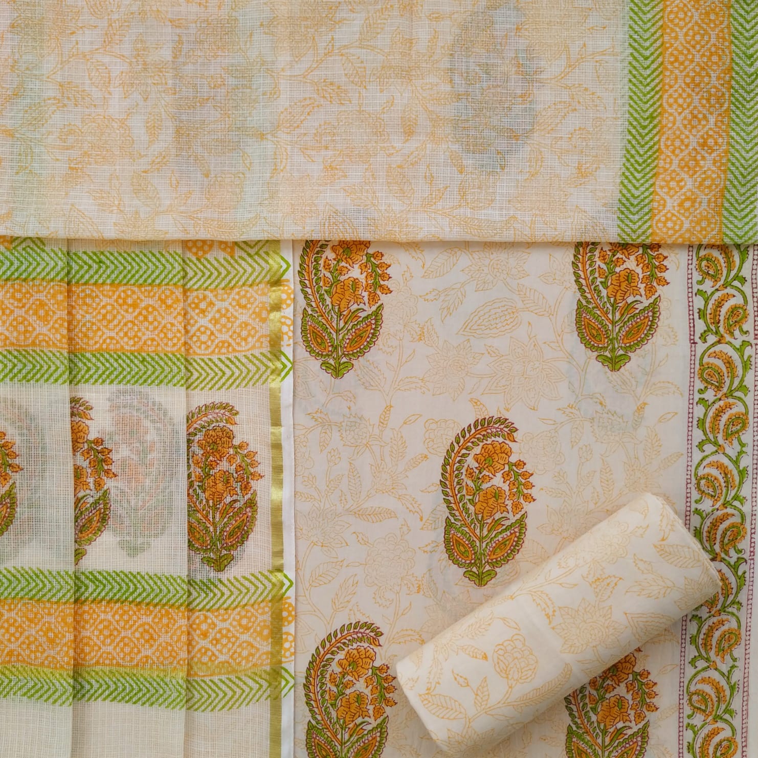 Shop kota doria dupatta block print suit sets (3CKD575)