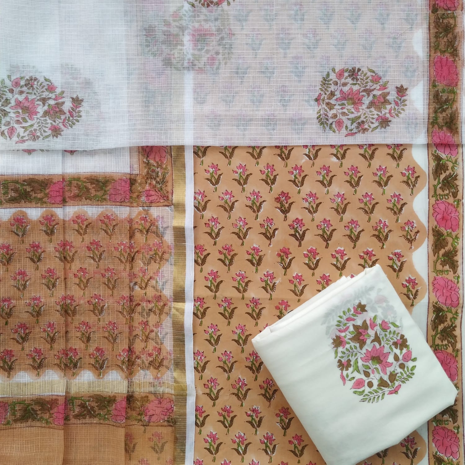Shop hand block print cotton suit sets with kota doria dupatta (3CKD609)