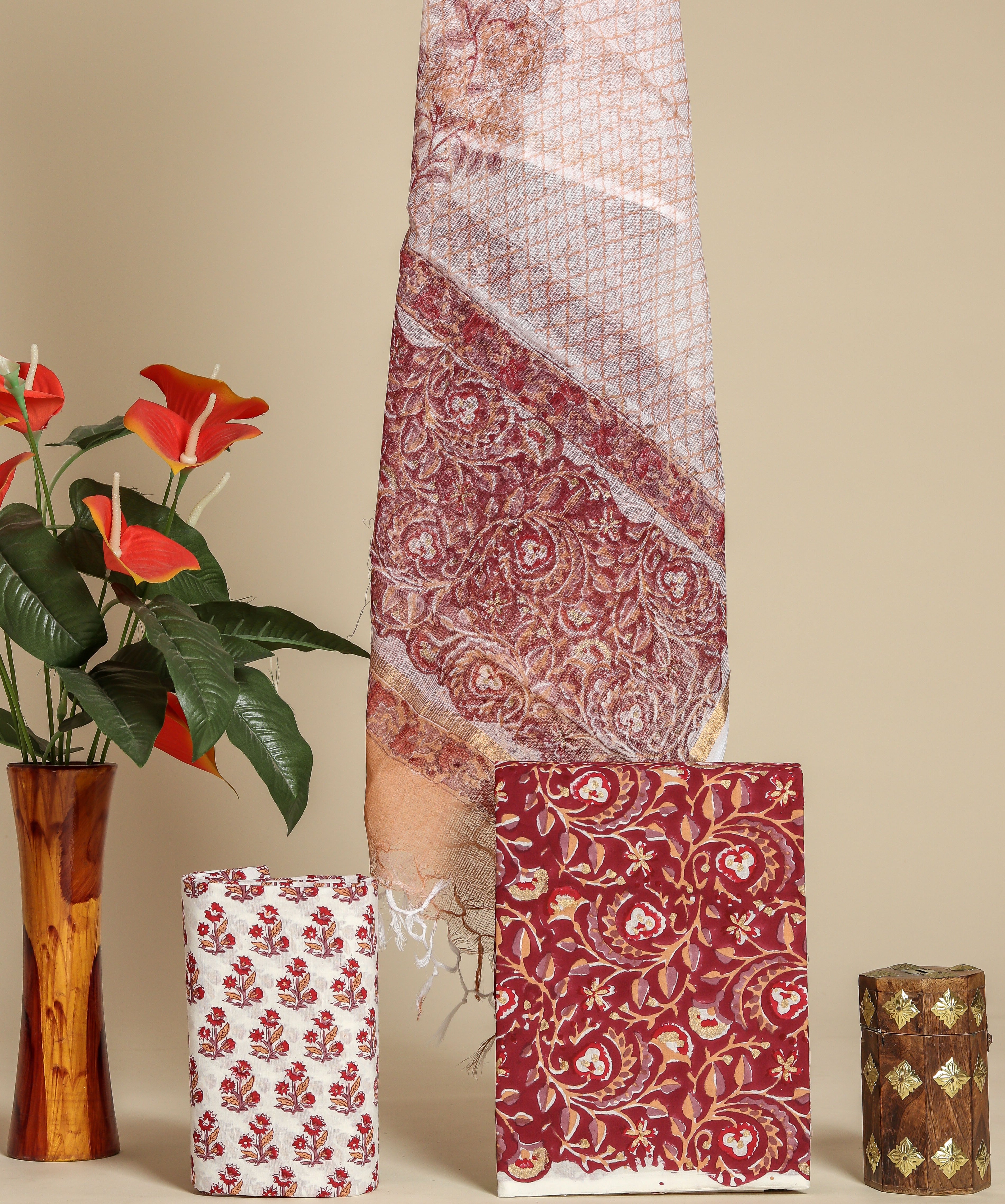 Shalvi's Hand Block Print Cotton Suit Set with Kota Doria Dupatta (3CKD683)