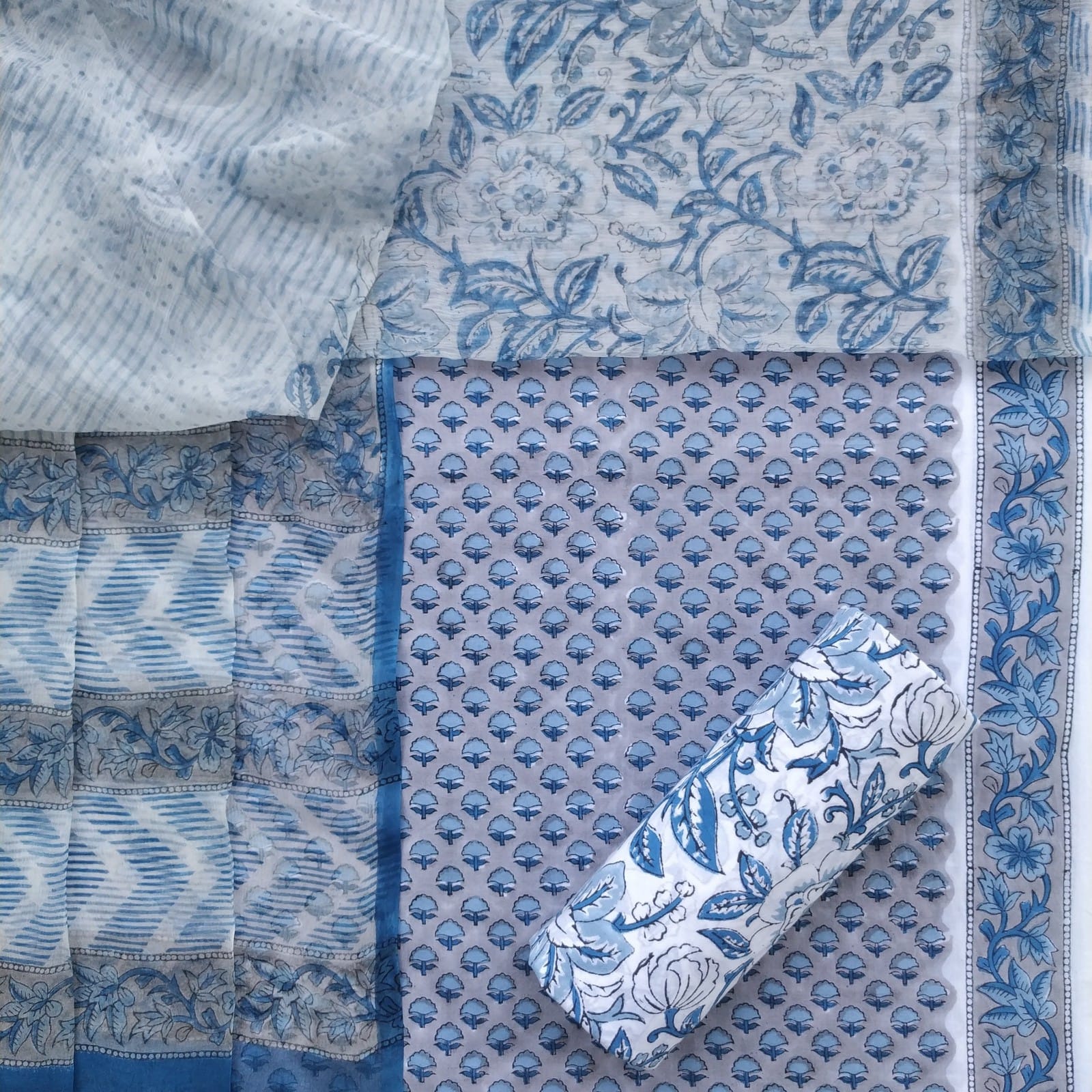 Shop unstitched hand block print cotton suit sets with kota dupatta (3CKD693)