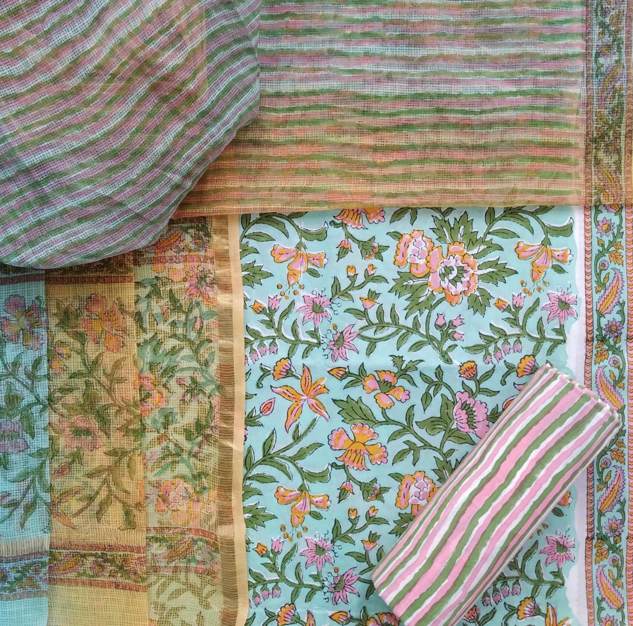 Shop kota dupatta hand block print cotton suit sets online (3CKD695)