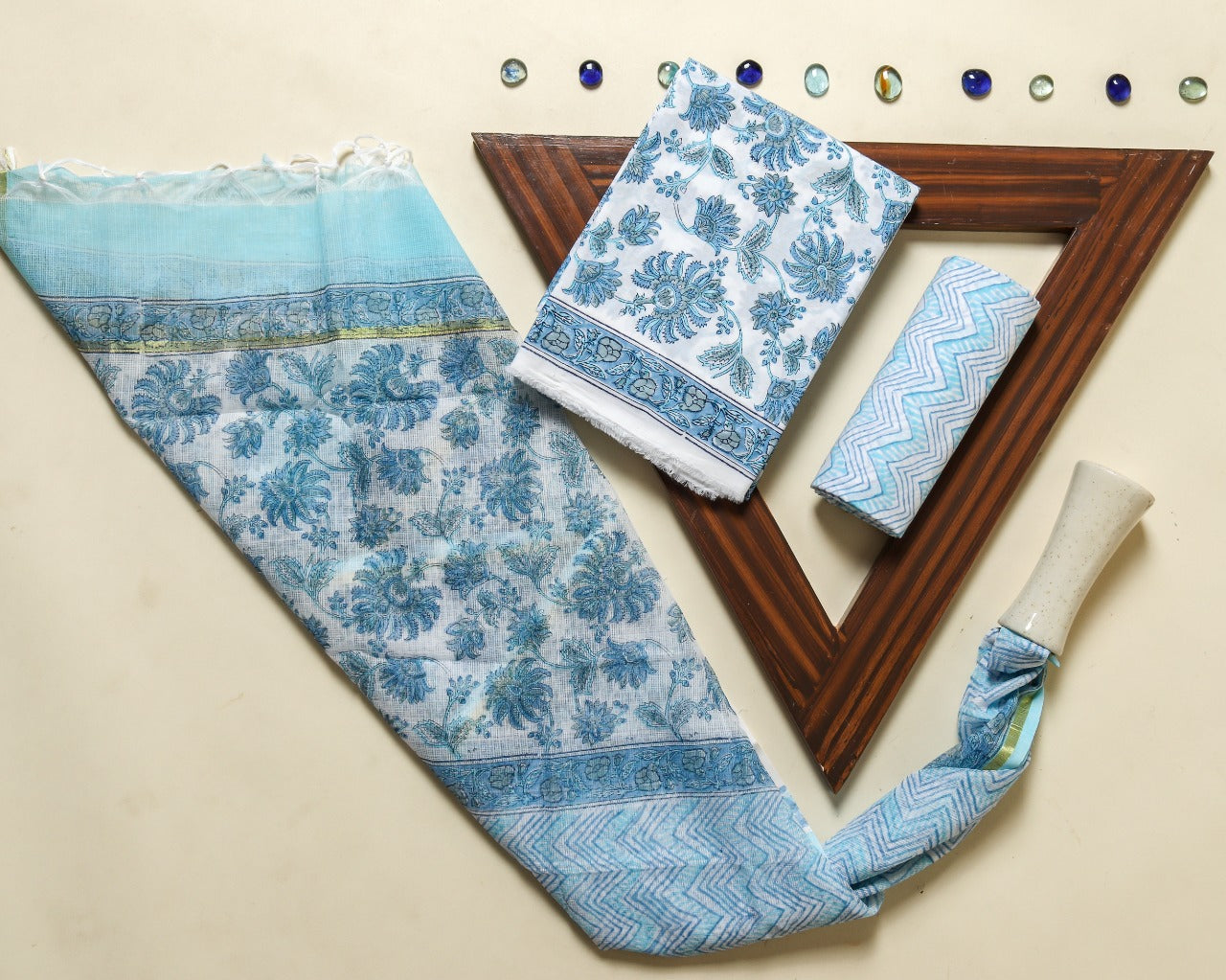 Shop Unstitched Hand Block Print Pure Cotton Suit Material with Kota Doria Dupatta (3CKD356)