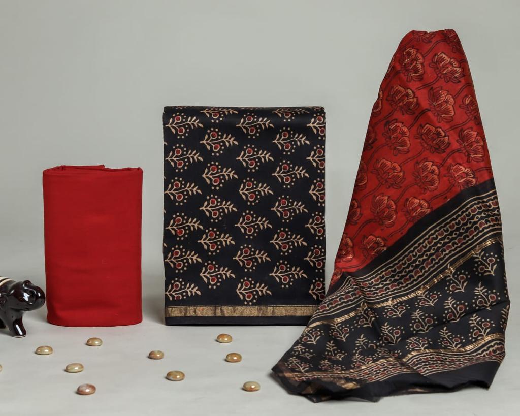 Shop unstitched hand block print chanderi silk suit sets (CHA280)