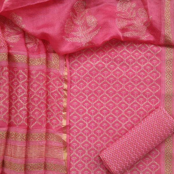 Shop Unstitched Block Print Chanderi Silk Suit sets Online (CHA320)