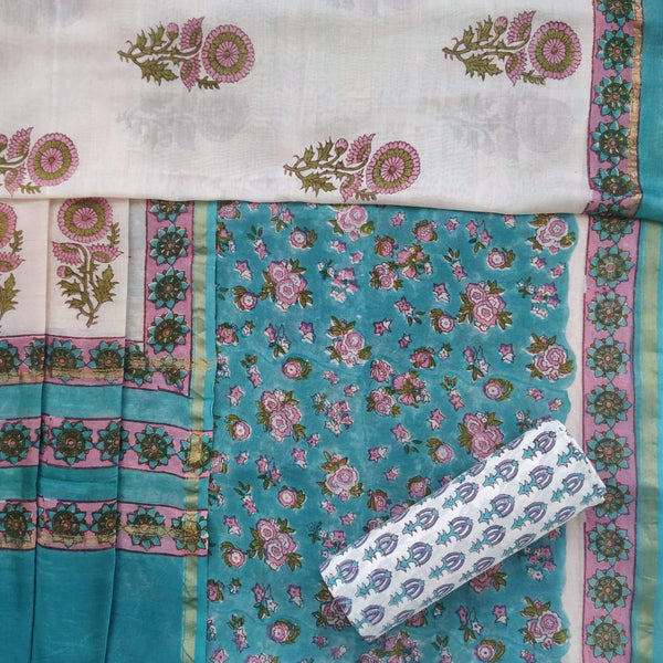 Shop Unstitched Hand Block Print Chanderi Silk Suit sets