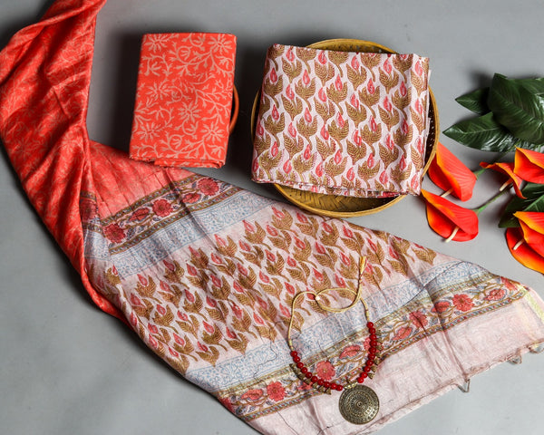 Shop Unstitched Hand Block Print Chanderi Silk Suit sets (CHA351)