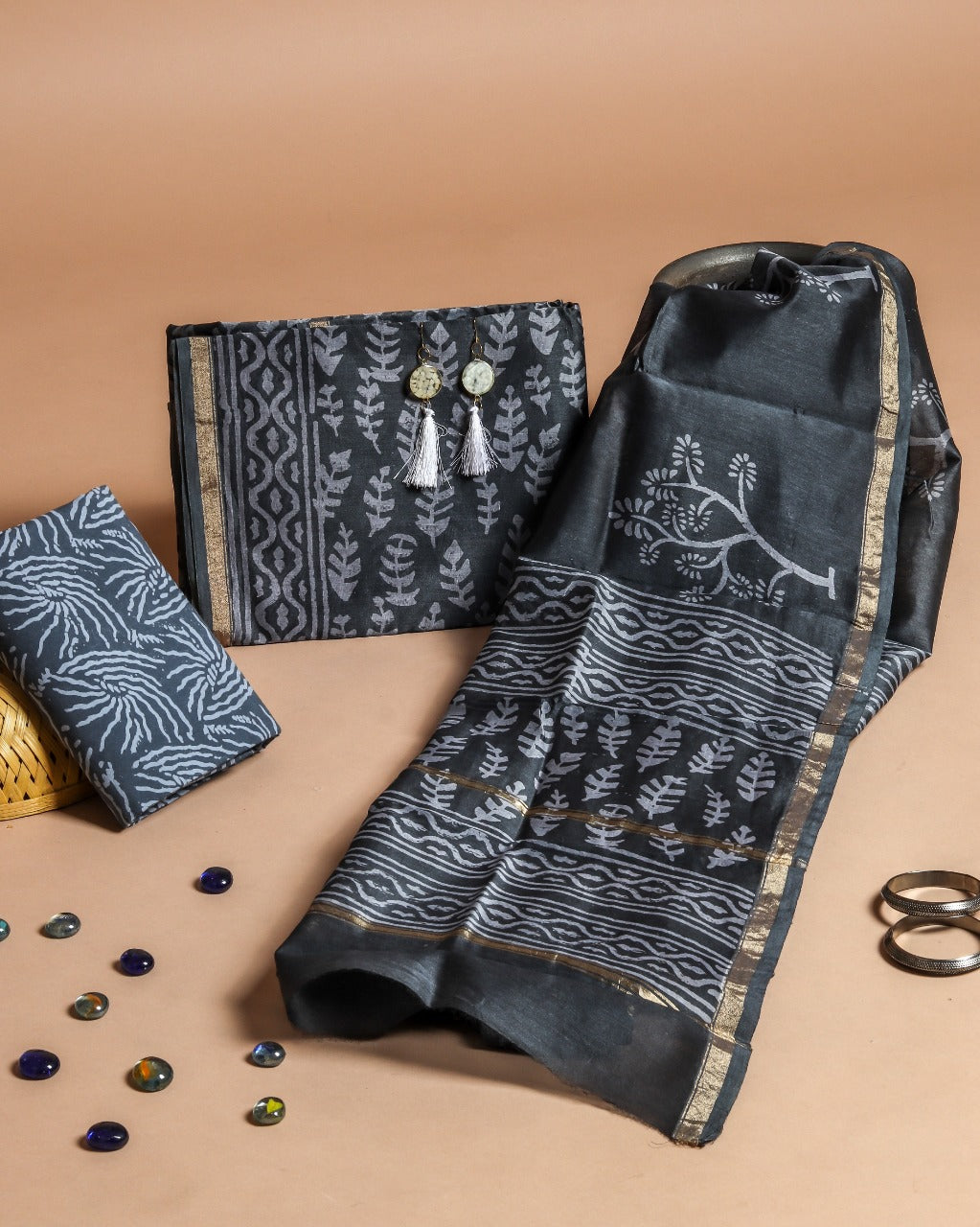 Shop Unstitched Hand Block Print Chanderi Silk Suit sets (CHA352)