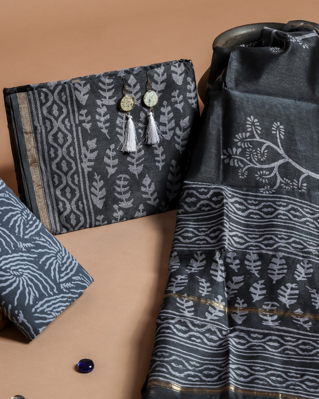 Shop Unstitched Hand Block Print Chanderi Silk Suit sets (CHA352)