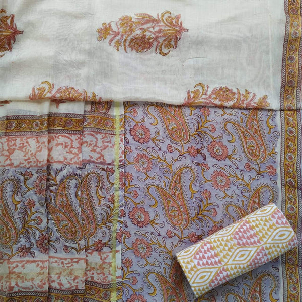 Shop Unstitched Hand Block Print Chanderi Silk Suit Sets (CHA366)