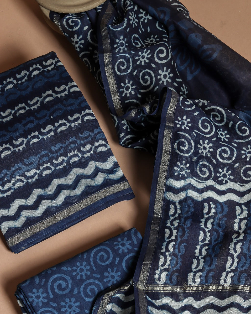 Shop Unstitched Indigo Print Chanderi Silk Suit sets (CHA393)