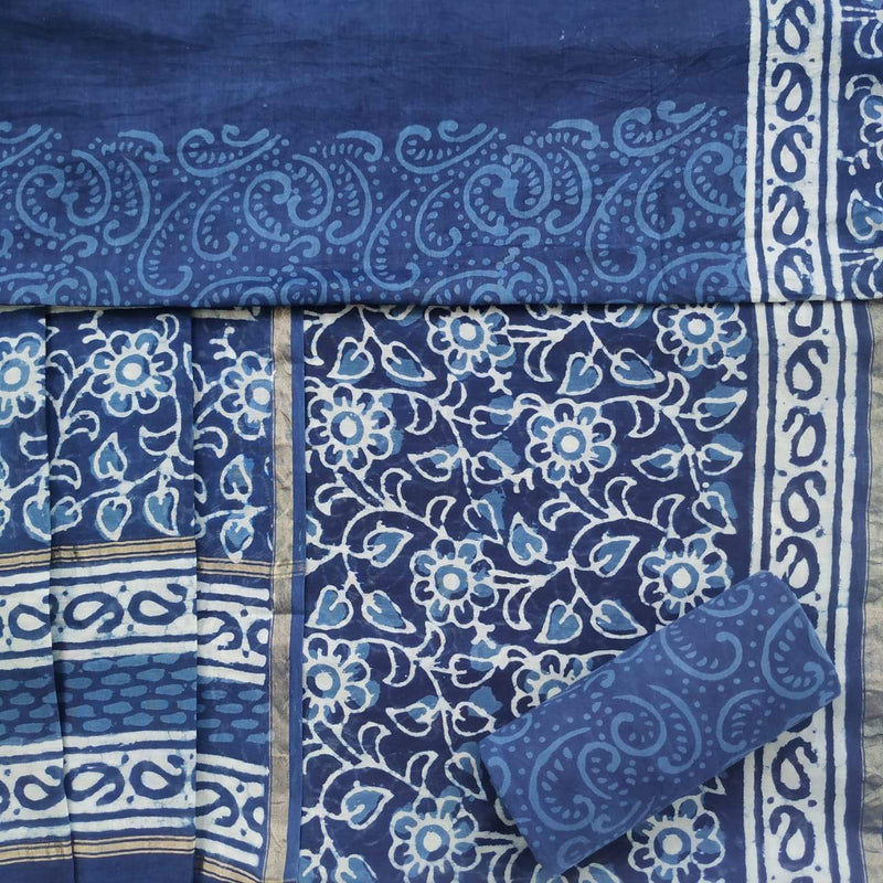 Shop Unstitched Indigo Print Chanderi Silk Suit sets (CHA394)