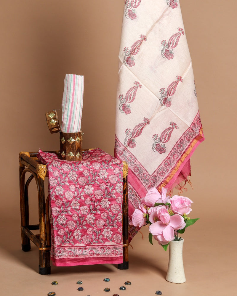 Shop Unstitched Hand Block Print Chanderi Silk Suit sets (CHA395)