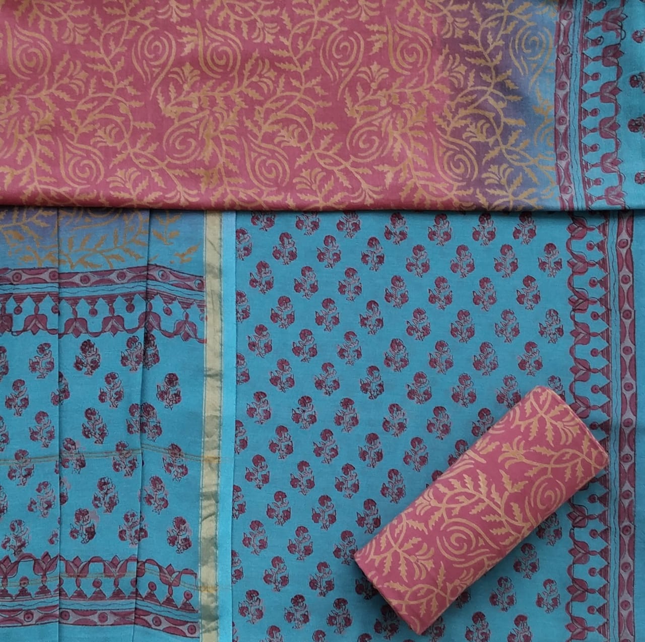 Shop Unstitched Hand Block Print Chanderi Silk Suit Sets (CHA420)
