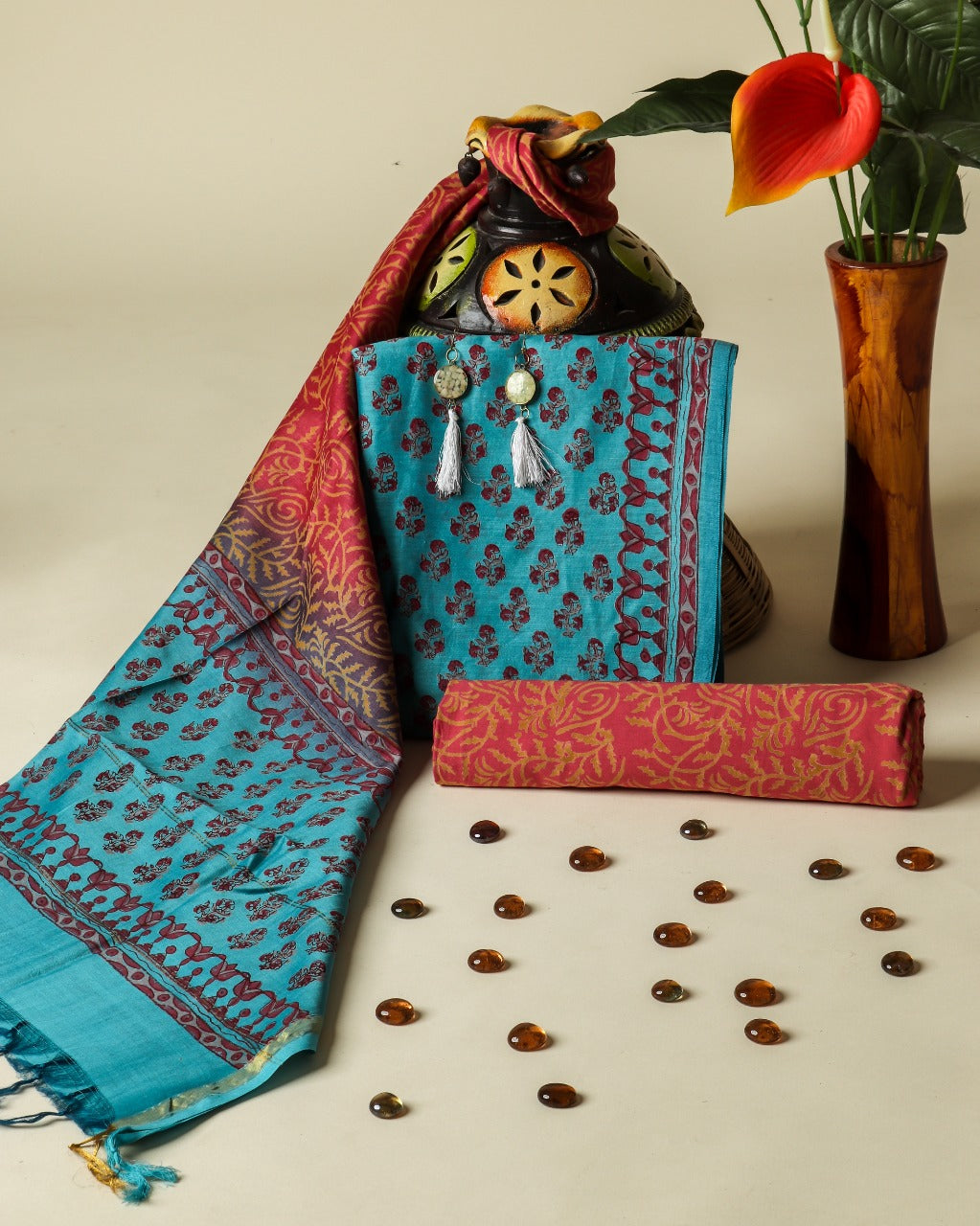 Shop Unstitched Hand Block Print Chanderi Silk Suit Sets (CHA420)