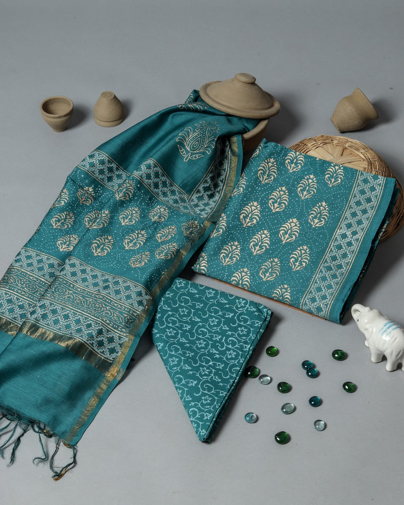 Shop Unstitched Block Print Chanderi Silk Suit sets (CHA428)